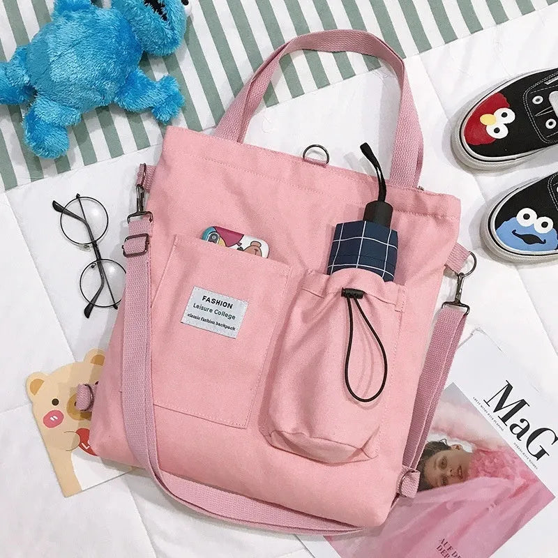 Canvas backpack for women students with pockets Harajuku style shoulder bag