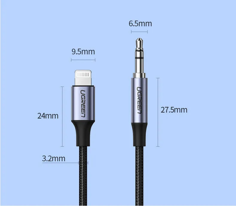 Black Apple Lightning to 3.5mm audio cable with shiny silk braid for car use
