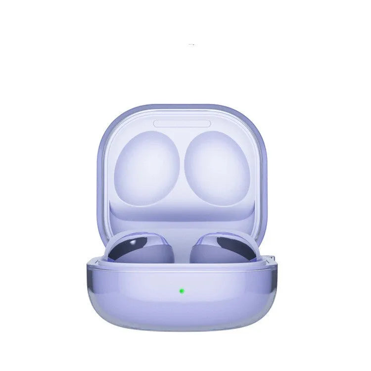 A transparent clamshell-style plastic case for Bluetooth earphones.