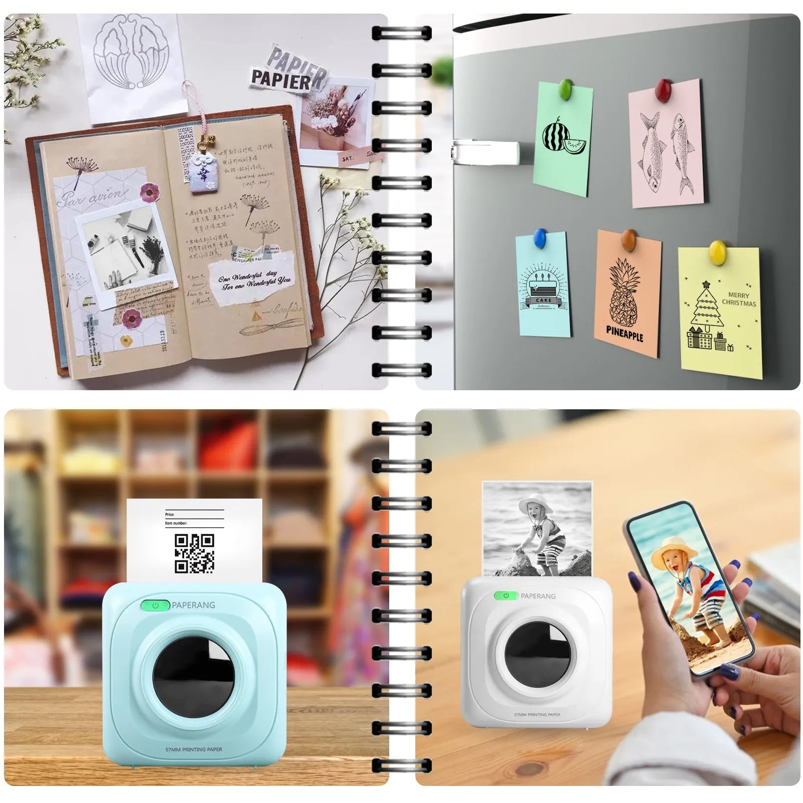 White pocket Bluetooth thermal label printer PAPERANG P2 on a table with smartphone app interface