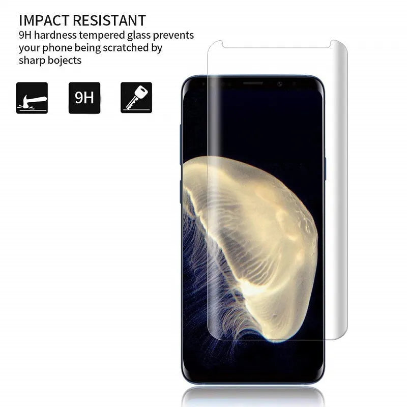 3D tempered glass screen protector for Samsung Galaxy phones shown with black border and transparent edge options.
