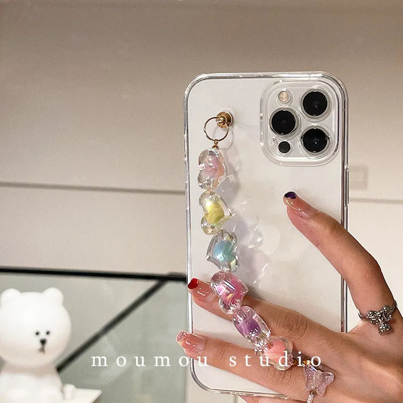 Transparent TPU iPhone case with handmade beaded candy chain and girly heart laser colour design on the back