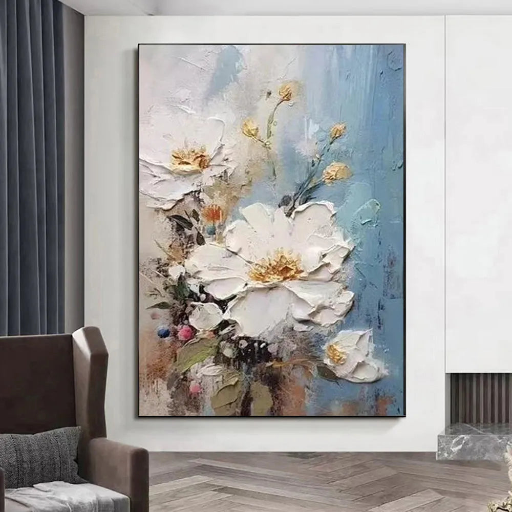 Handmade oil painting canvas wall art with thick 3D texture white modern abstract flowers