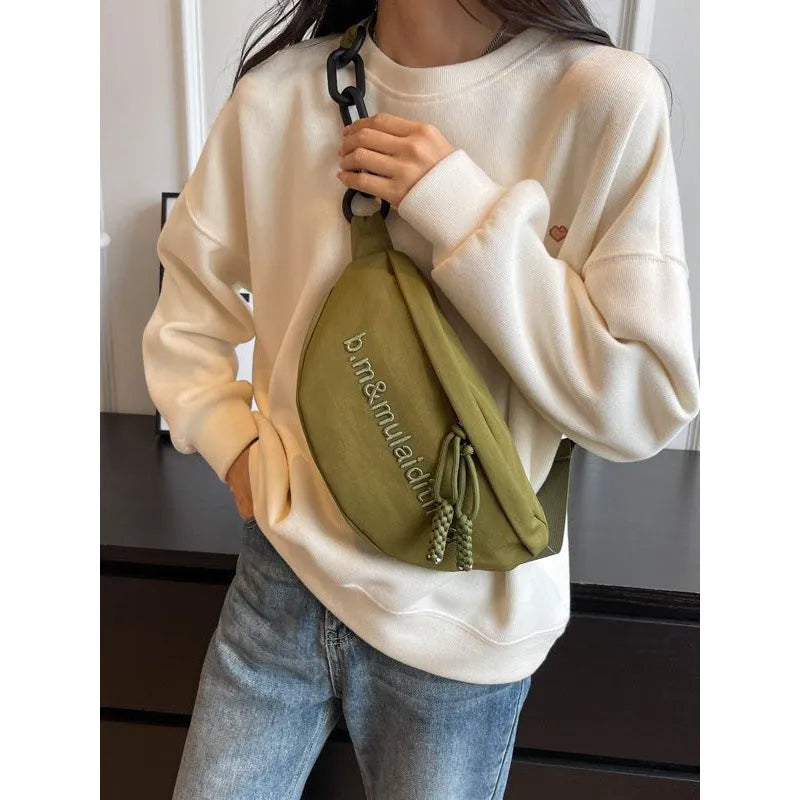Women's soft nylon shoulder bag with embroidery letter and chain detail, Urban Simplicity style, available in multiple colours