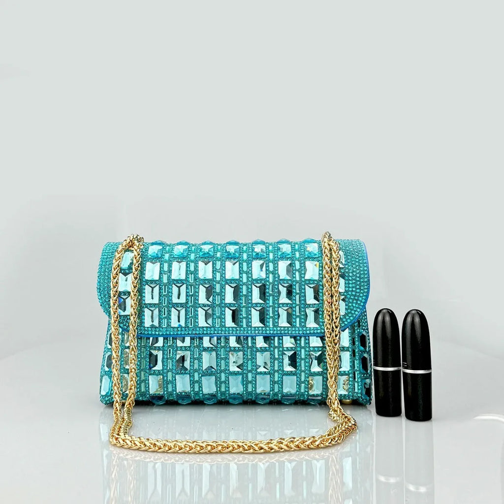 Glass rhinestone chain clutch bag in horizontal square shape with decorative diamonds and chain strap