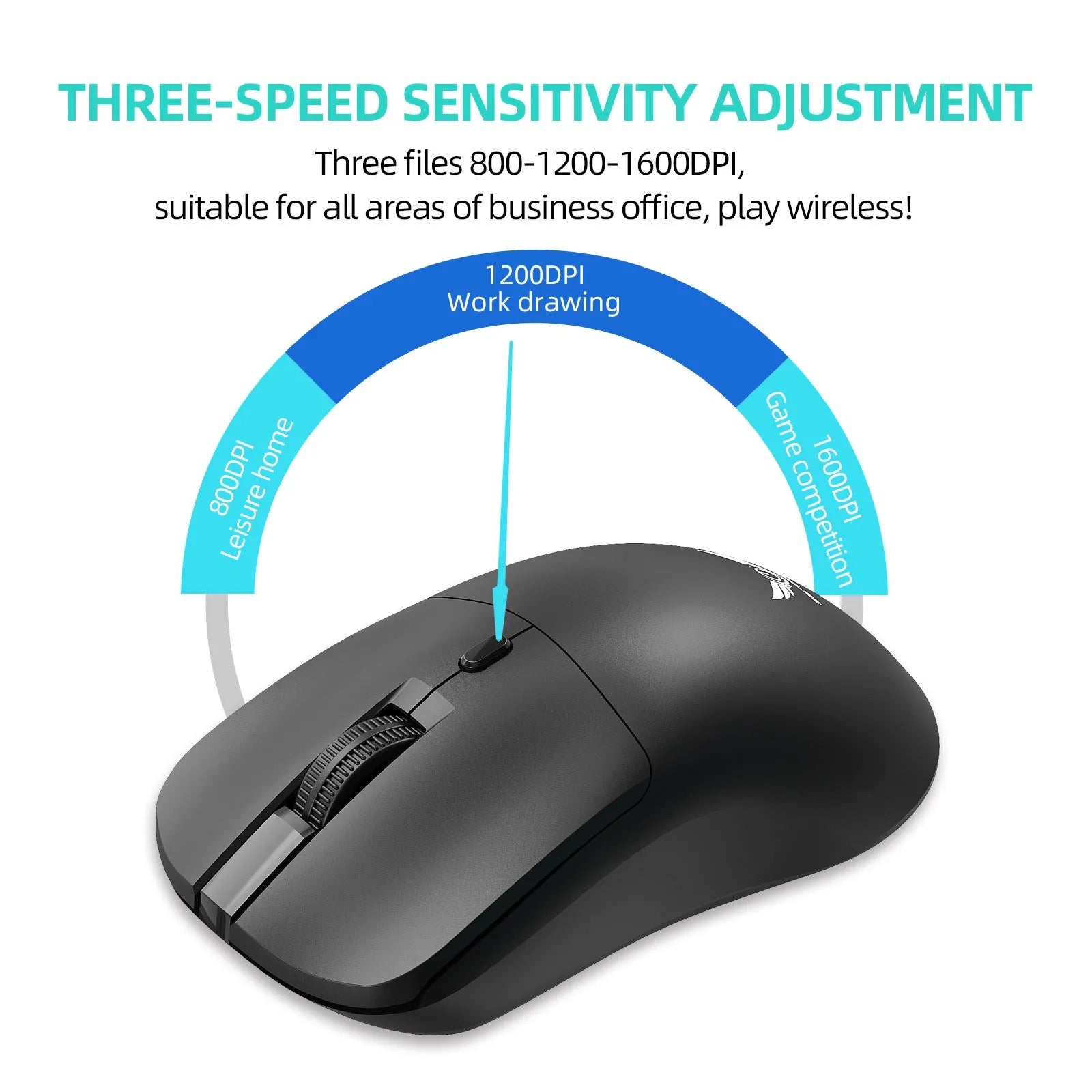 Black wireless computer mouse with three buttons including audio feedback feature