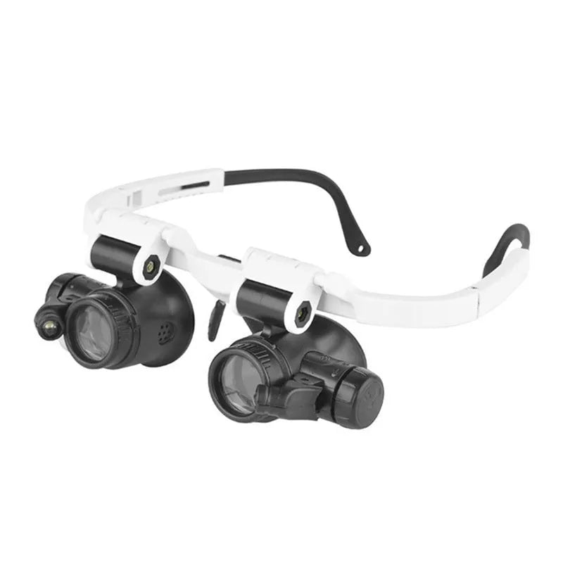 White head-mounted magnifying glass with LED light, shown folded and unfolded.
