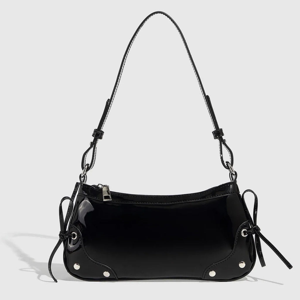 Solid colour PU underarm bag with double bow and rivet decoration, horizontal square shape
