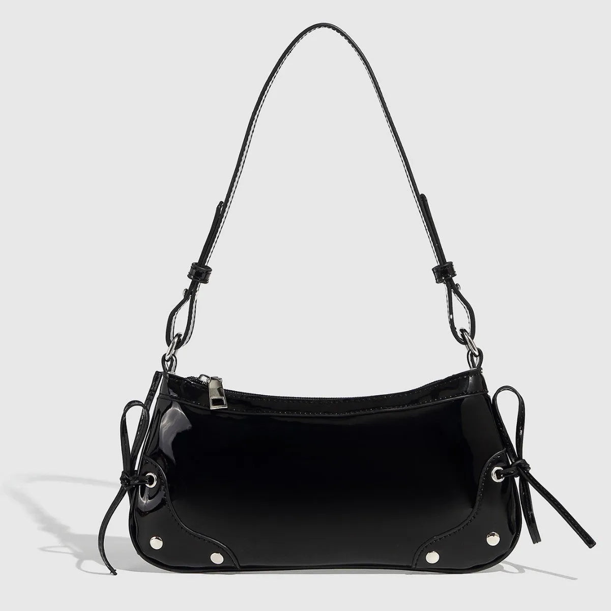 Solid colour PU underarm bag with double bow and rivet decoration, horizontal square shape
