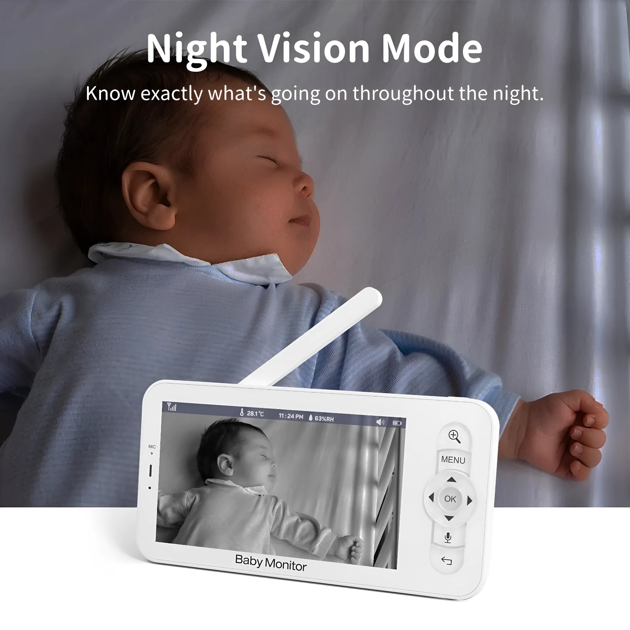 Baby monitor with 5-inch screen showing a clear 720P view of a baby in a cot, with controls for pan tilt and night vision