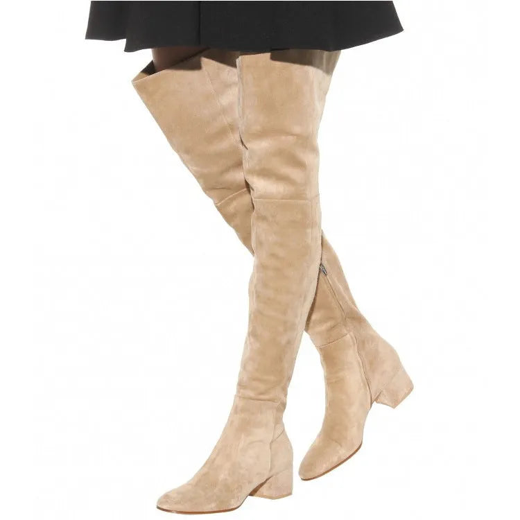 Grey suede women's over-the-knee flat boots with pointed toe and low thick heel