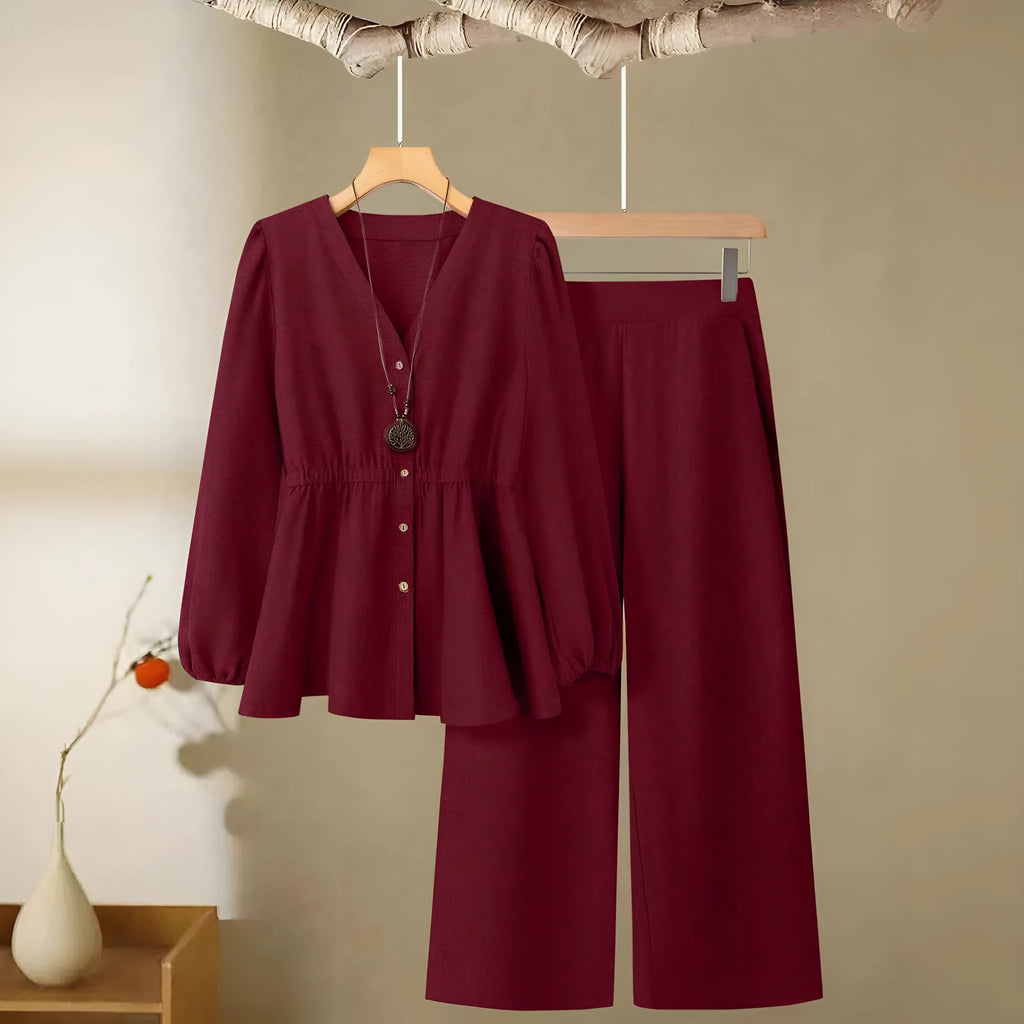 Women's long-sleeved pants polyester two-piece suit in khaki, front view, button closure, regular fit