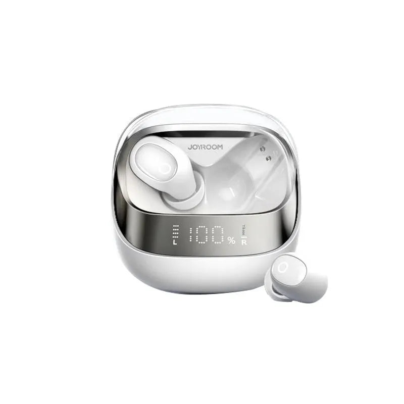 Beige wireless in-ear Bluetooth headphones with a compact white charging case on a table