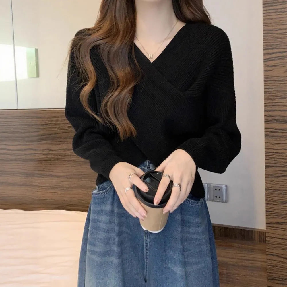 Loose long-sleeve sweater design blouse in white, red, pink, black, or grey, sizes S to L