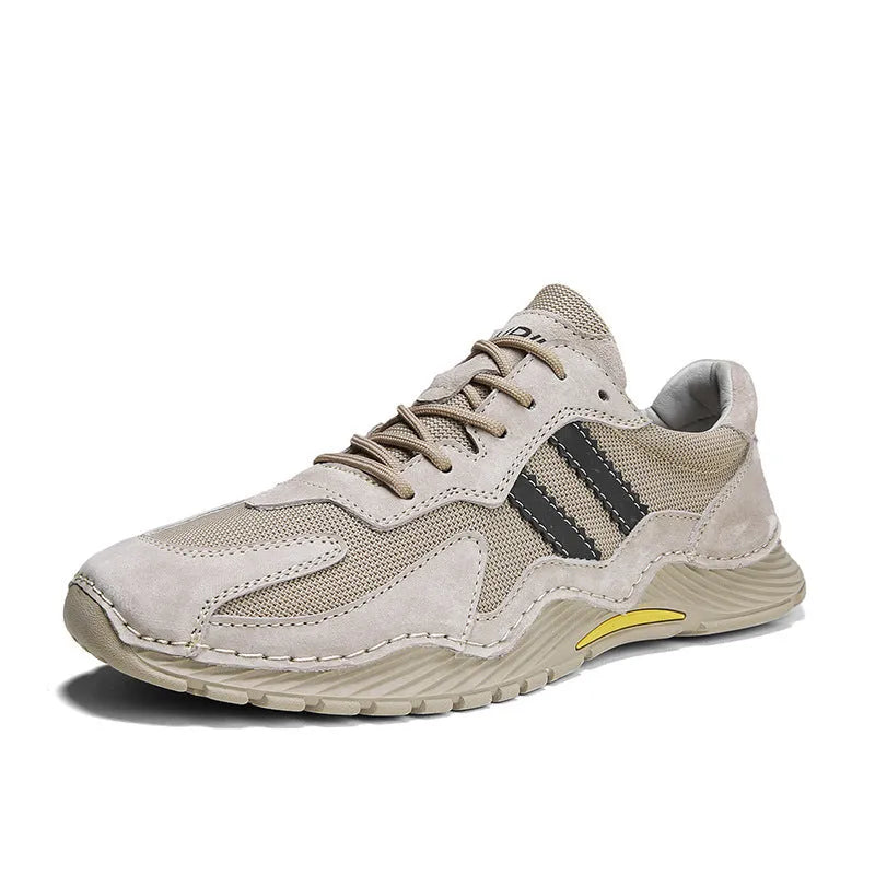 Men's low-top lace-up hiking boots platform shoes in sand colour with pigskin upper and rubber sole