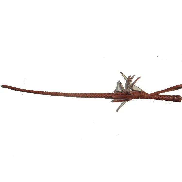 Brown cowhide woven horsewhip, 85cm long, leather equestrian and farm tool