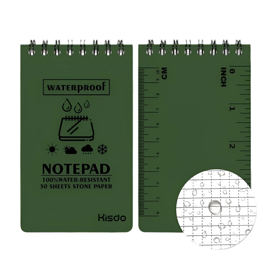 Waterproof spiral-bound office notepad in camouflage colour, showing PP cover and stone paper pages.