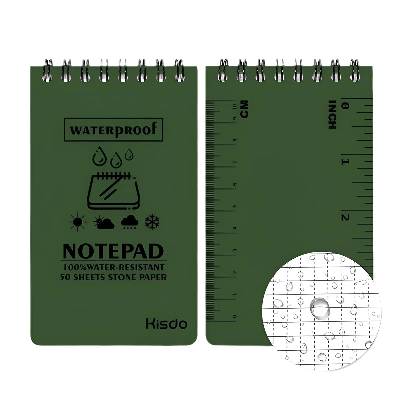 Waterproof spiral-bound office notepad in camouflage colour, showing PP cover and stone paper pages.