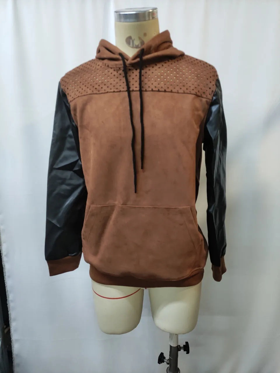 Men's retro brown hooded sweatshirt with decorative perforated detail, thin suede-style pullover, long sleeves, sizes S to XXXL
