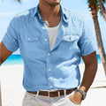 Men's loose fit linen summer shirt in cotton fabric with polo collar and long sleeves