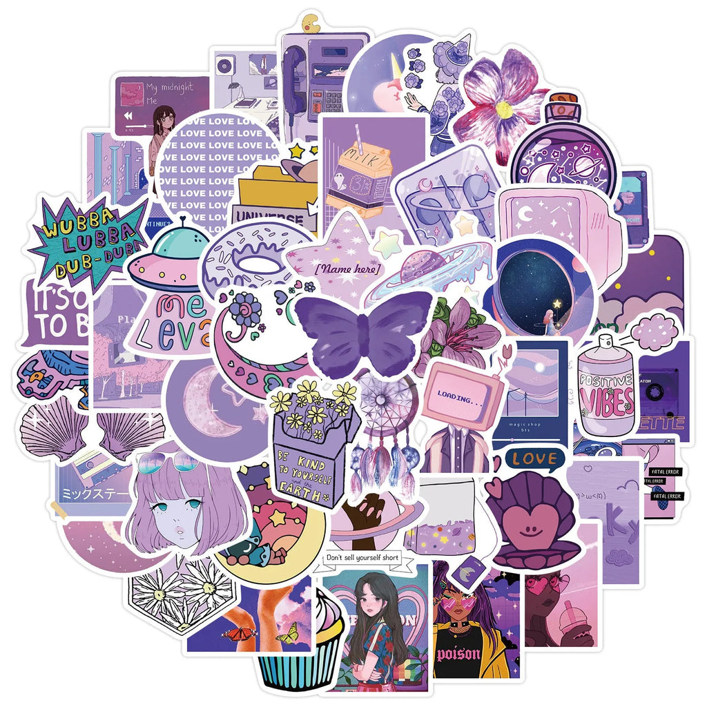Purple graffiti cartoon self-adhesive stickers for luggage, 50 pack, each 4-6cm, with colourful cartoon skin pattern