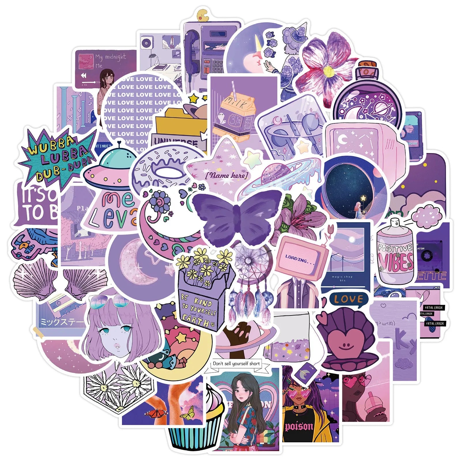 Purple graffiti cartoon self-adhesive stickers for luggage, 50 pack, each 4-6cm, with colourful cartoon skin pattern