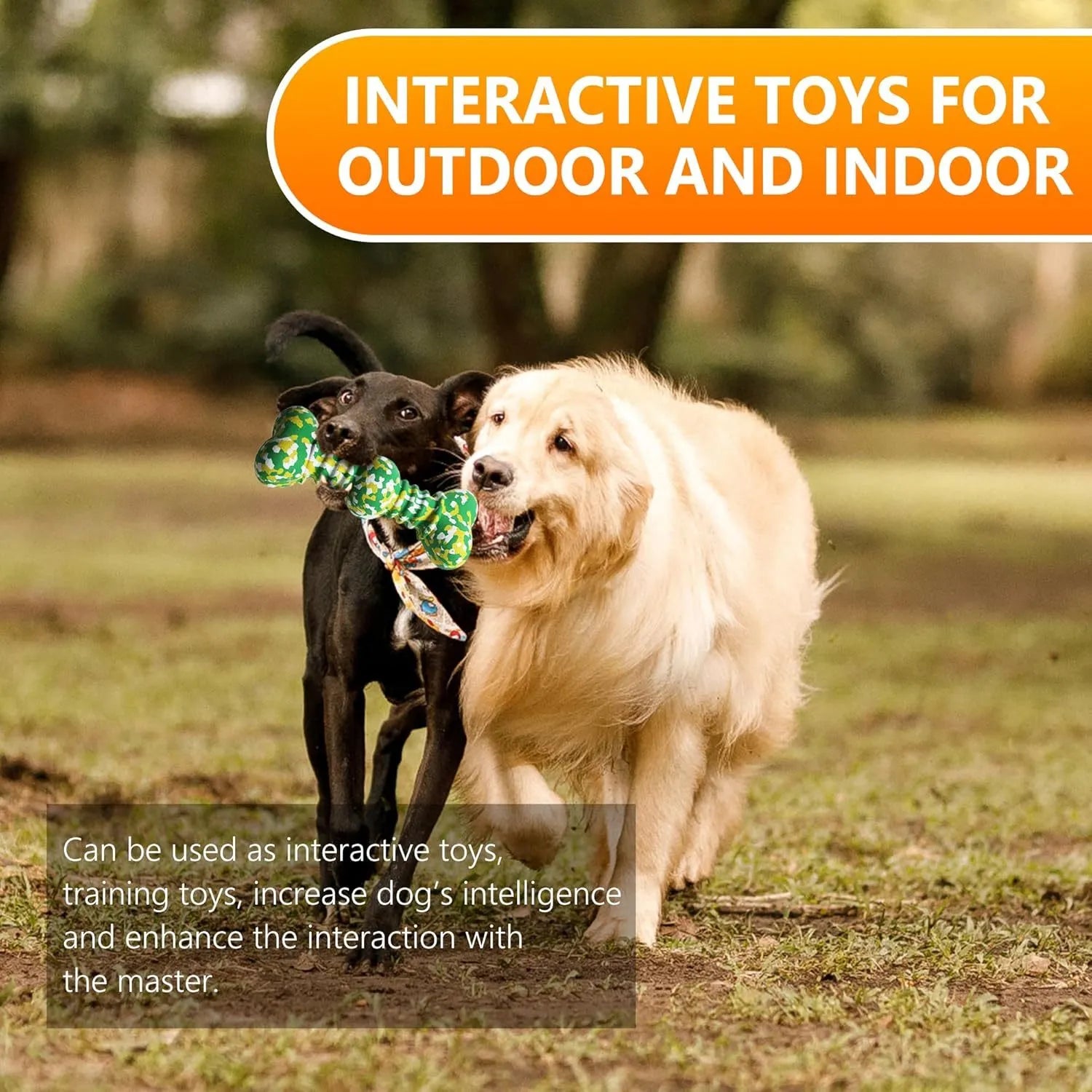 Green, white, and yellow camouflage pattern natural rubber bone chew toy for dogs on a wooden floor.