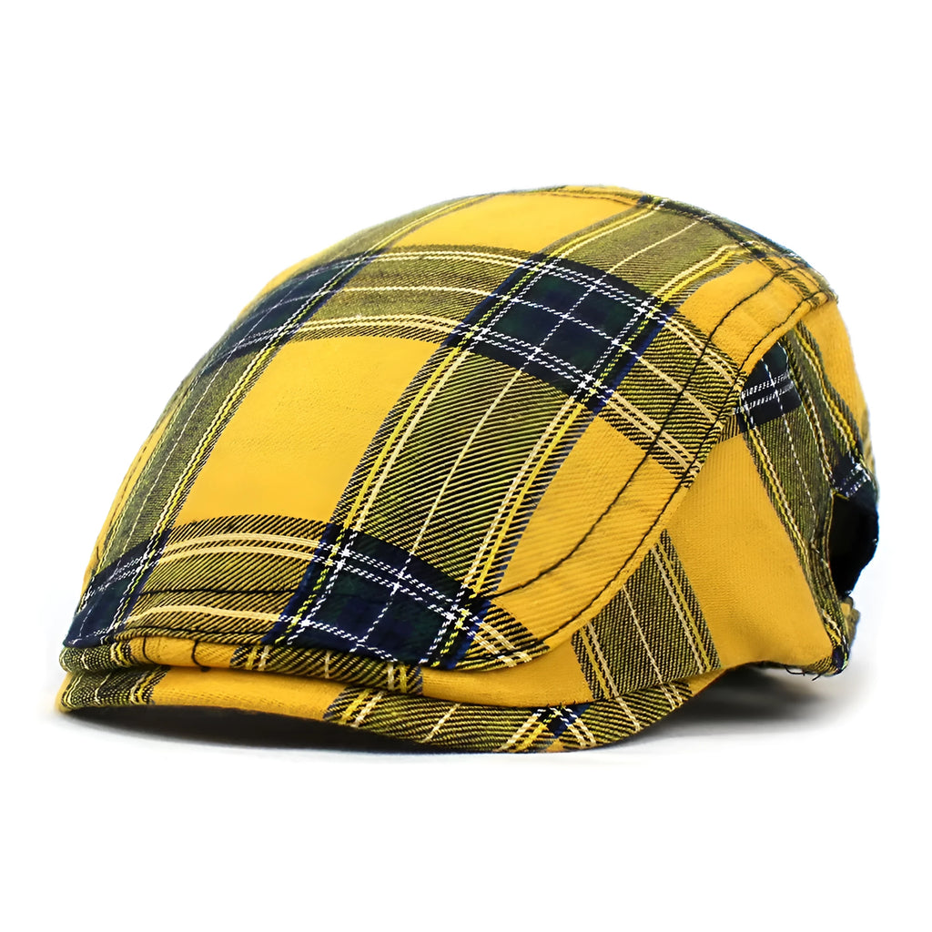 Retro plaid beret for men and women in red with dome crown and curved brim