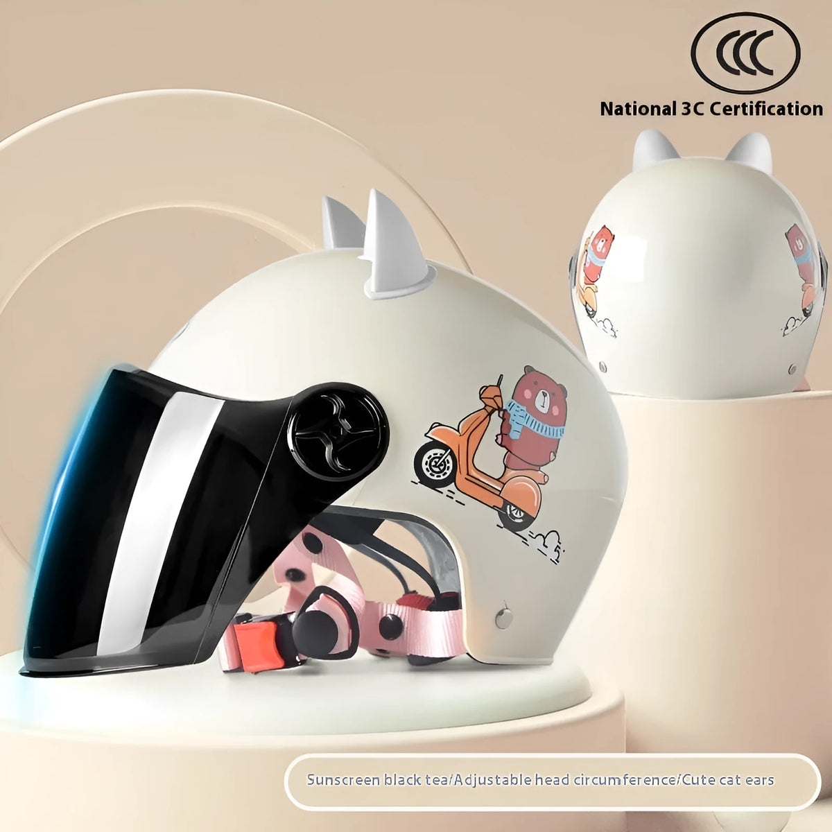 3C certified children's helmet with cat ears design in blue bunny with clear visor for electric car commuting