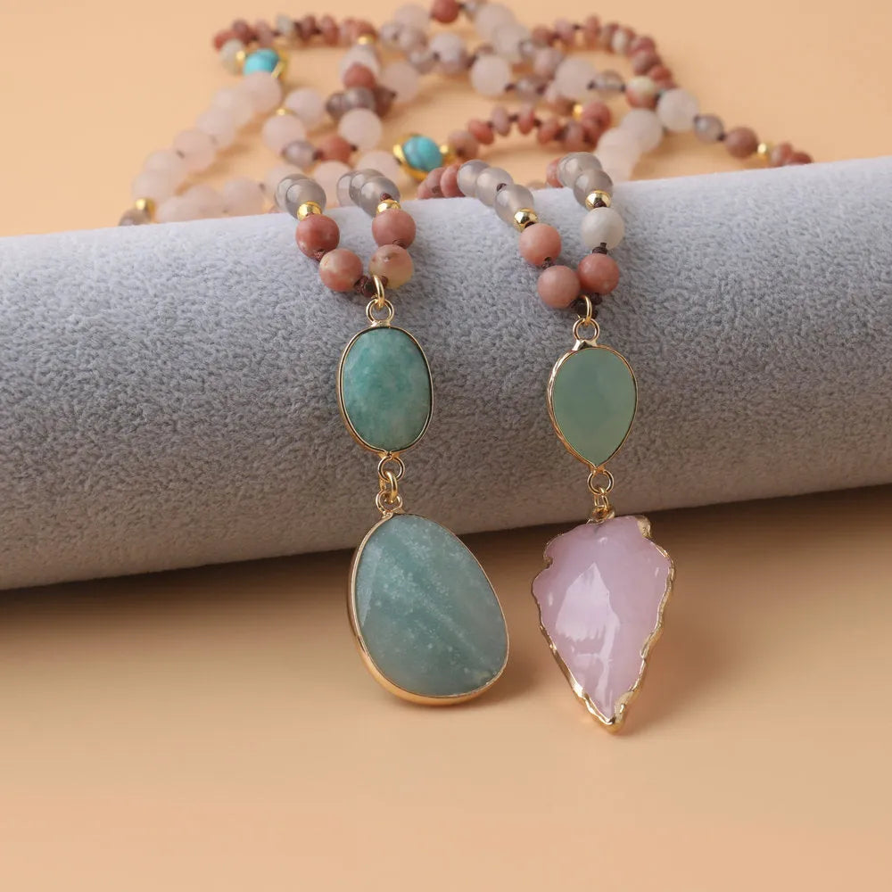 Handmade natural stone beaded necklace with round pendant in green colour option