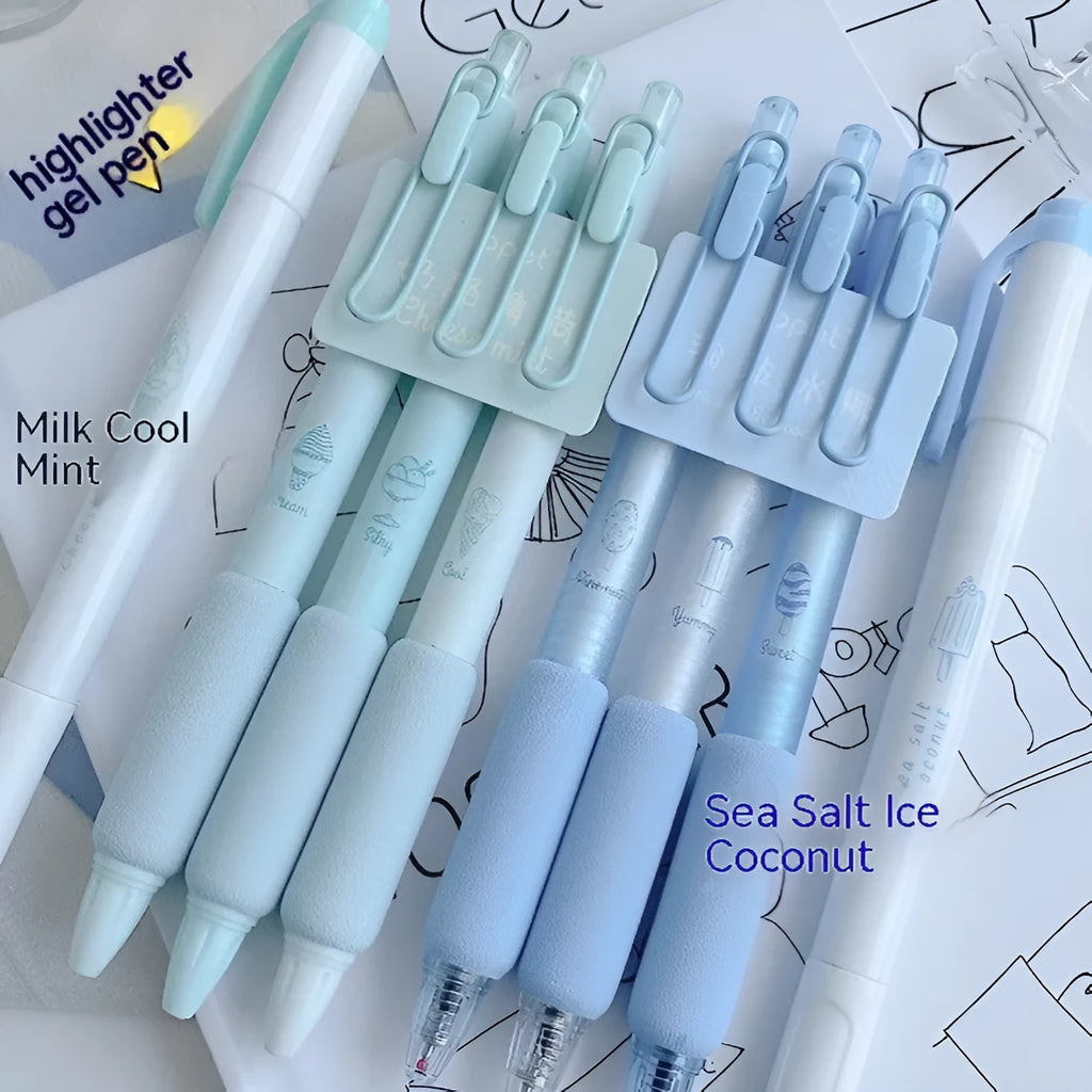 Learning Office Ice Cream double-headed spinner press pens with 0.5mm tips in Cheese Mint and Sea Salt Ice Cup colours.