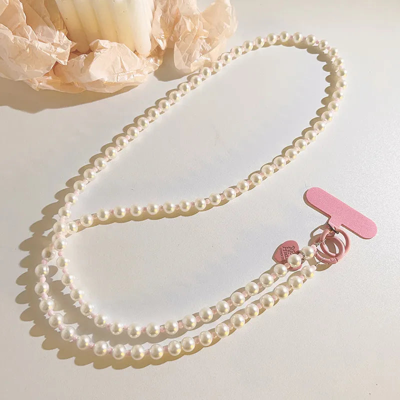 Pink pearl beaded mobile phone lanyard with crossbody long shoelace and short rope wrist strap options, small pink clip.