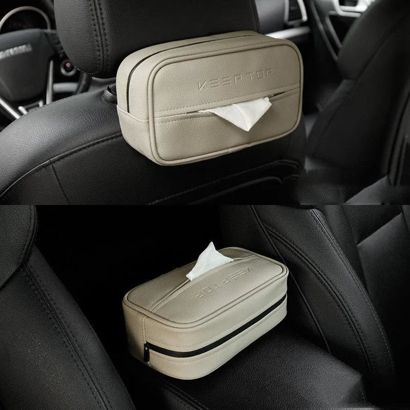 Black PU leather hanging storage box or bag with dimensions shown for car organisation.