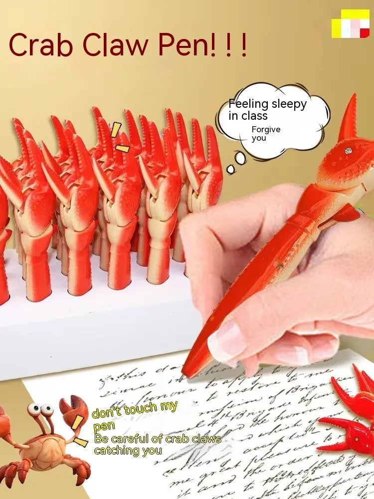 Crab-shaped novelty ballpoint pen with a pressable metal clip on its back.