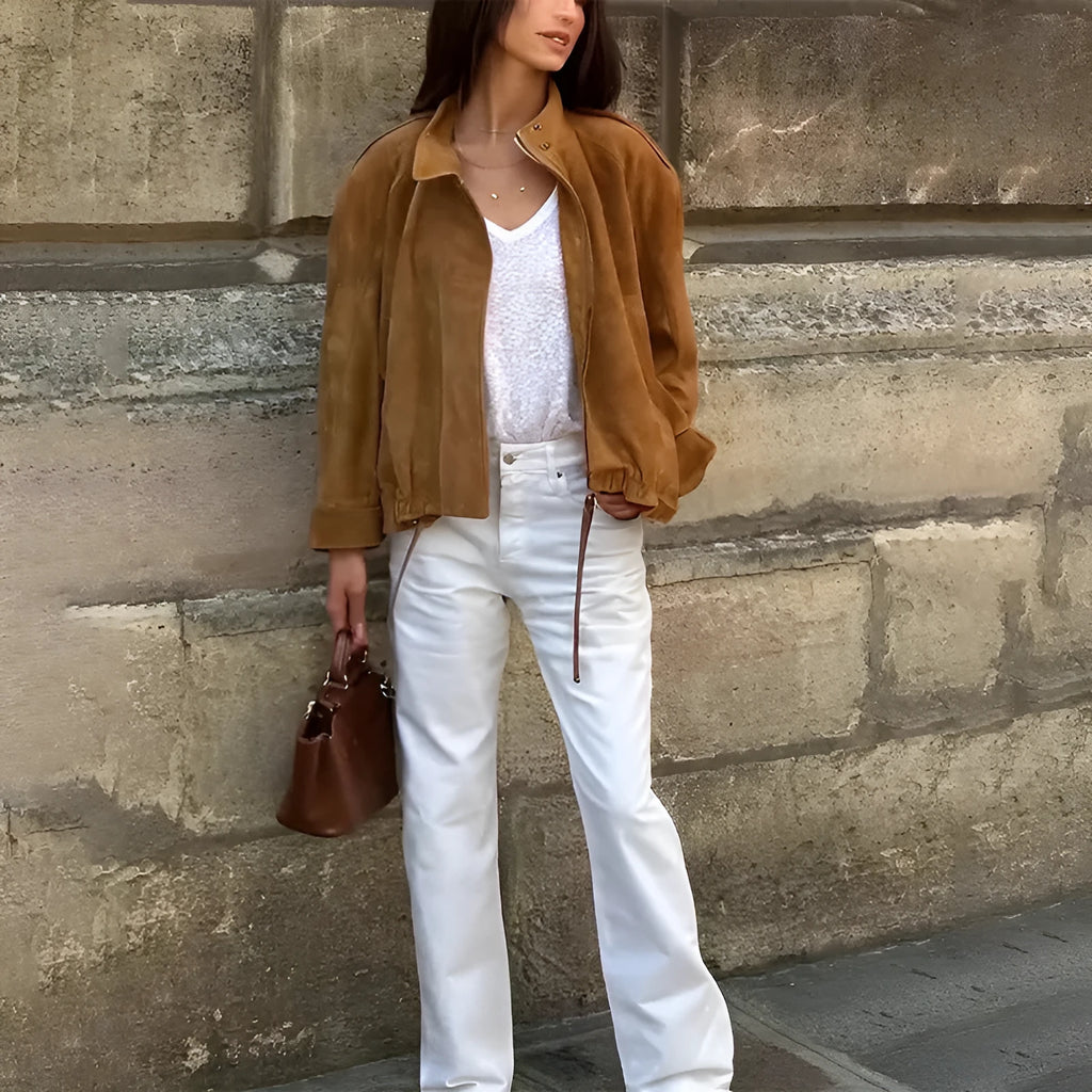 Retro solid colour loose-fit long sleeve jacket on a hanger.