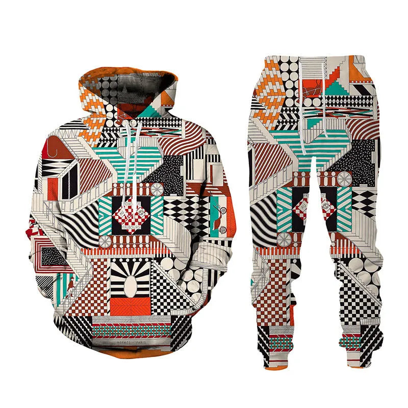 3D printed sports hoodie and long pants set for men, loose fit, black colour