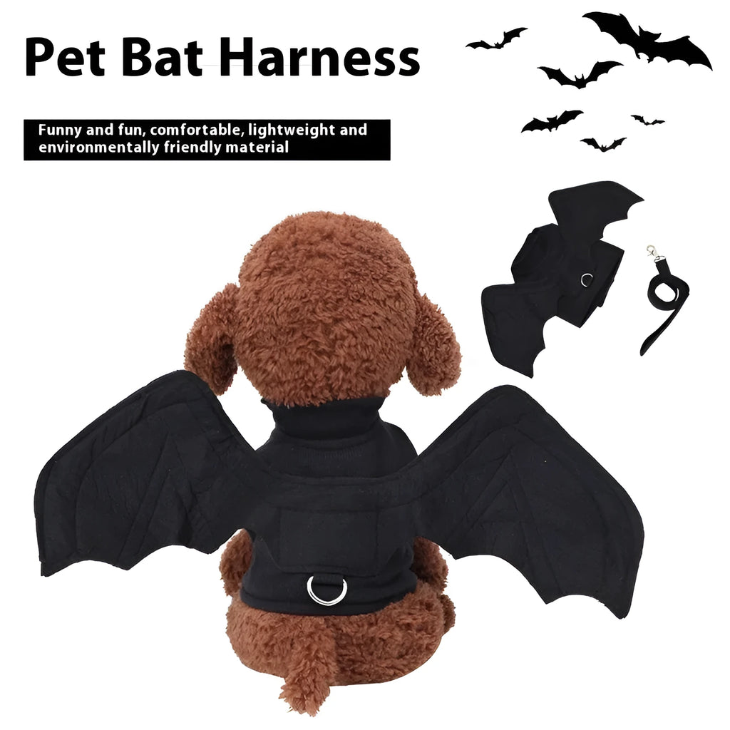 Black polyester bat wings pet costume accessory shown on dog with chest and back attachment