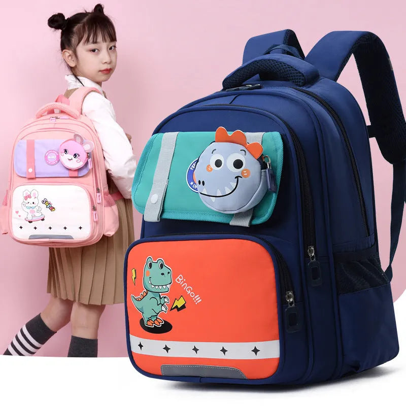 Spine protection schoolbag in dark blue with dinosaur print and air pillow belt