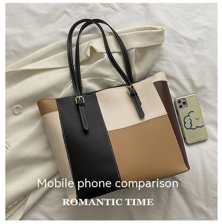 Large capacity women's PU tote bag with contrast stitching, available in khaki, green, blue, pink, and gray, featuring a phone pocket.