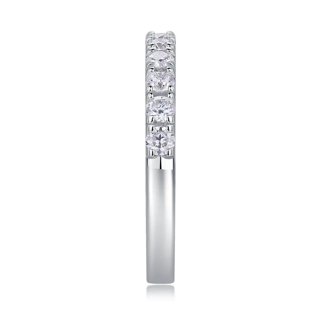 Parallel World moissanite wedding ring set in gold, S925 silver with platinum plating, on white background