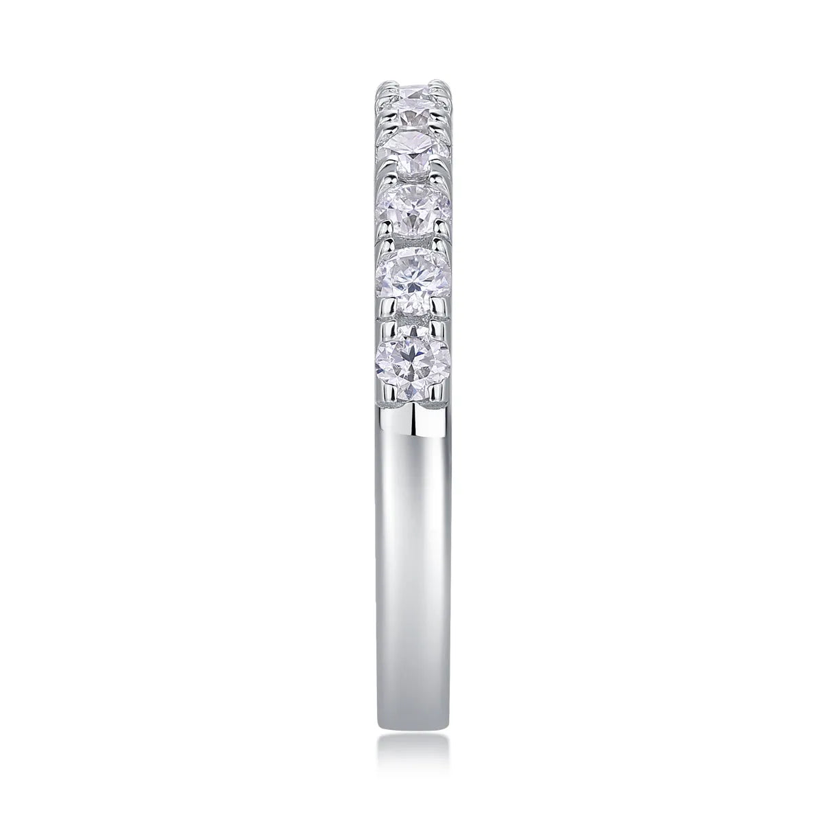 Parallel World moissanite wedding ring set in gold, S925 silver with platinum plating, on white background