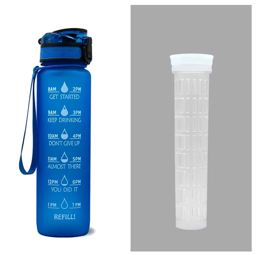 Blue-red gradient 1L Tritan water bottle with time markers and flip-top lid on a gym bag