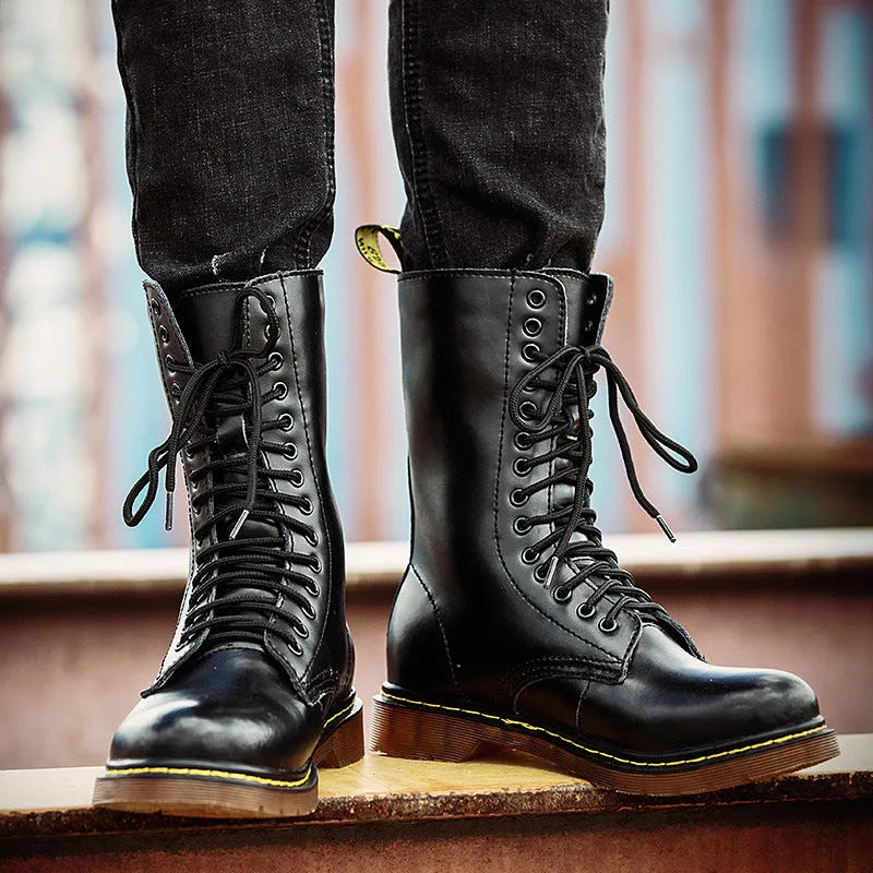 Men's black leather lace-up casual shoes with round toe and flat heel