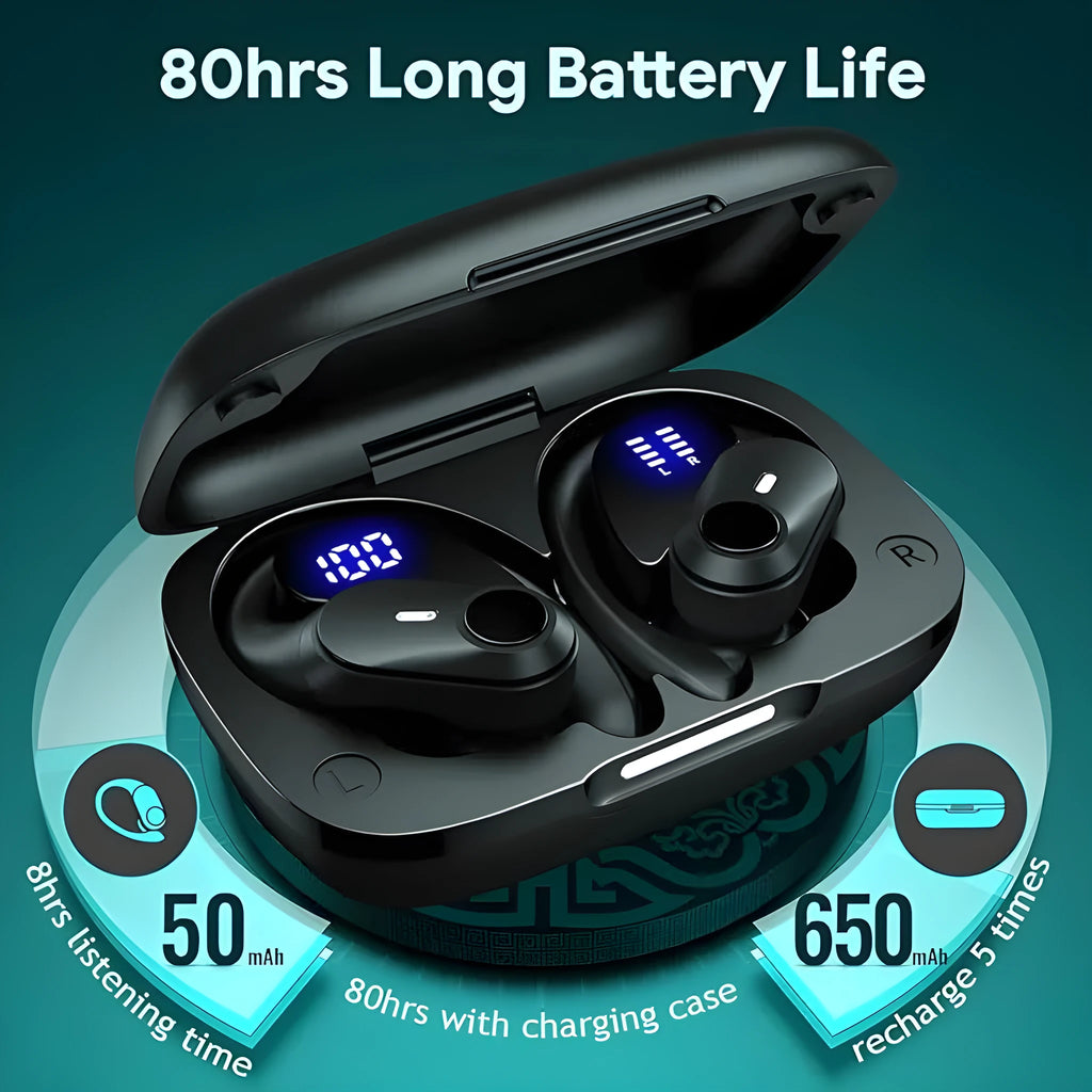 Black sporty wireless Bluetooth headphones with silicone ear hook and digital battery display