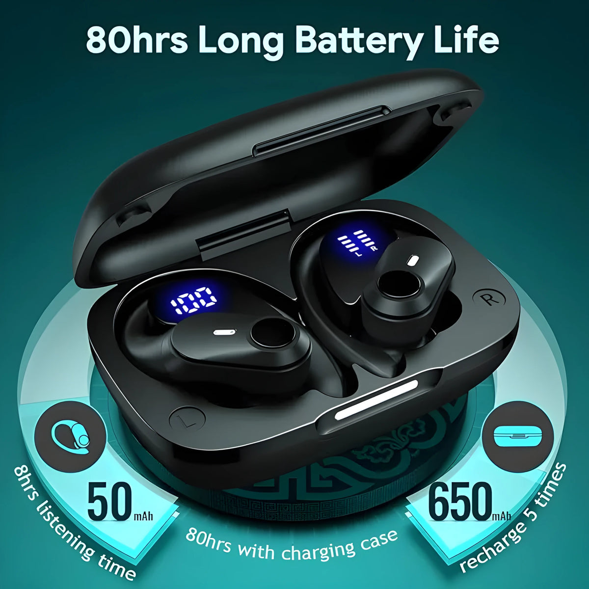 Black sporty wireless Bluetooth headphones with silicone ear hook and digital battery display