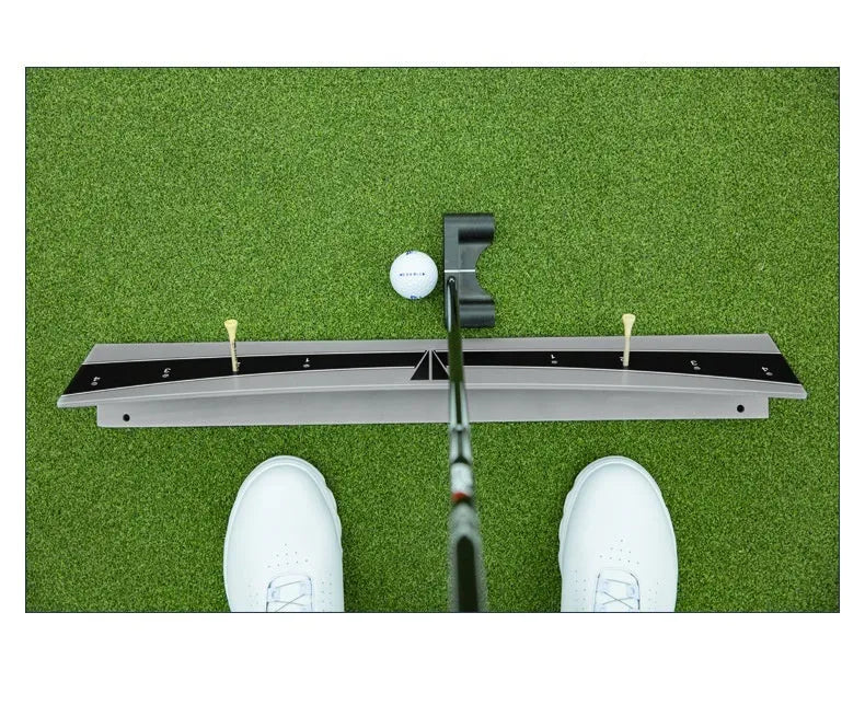 Adjustable golf putter trajectory balance simulator with push rod on a green carpet