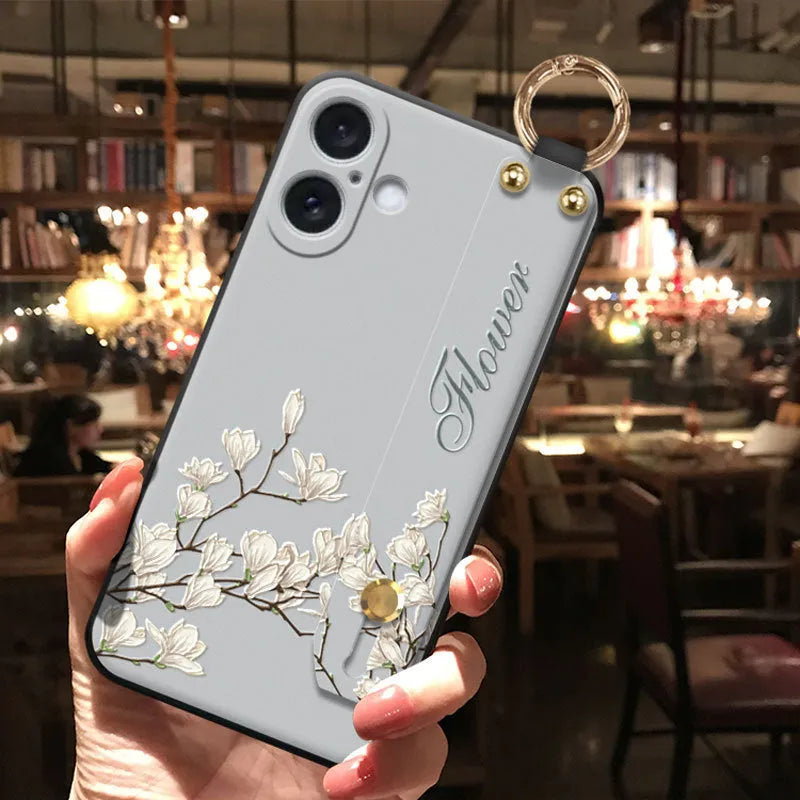 Creative retro pipa flower-bird print black TPU phone case with blue flowers for iPhone