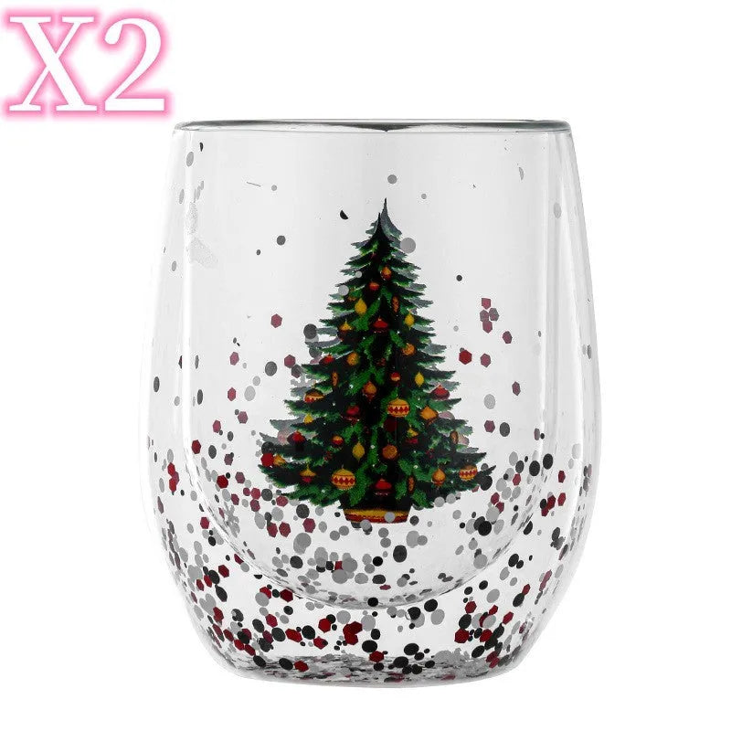 Christmas tree cup with double-layer high boron silicon glass, flowing sequins, and flower pattern, 301-400ml capacity