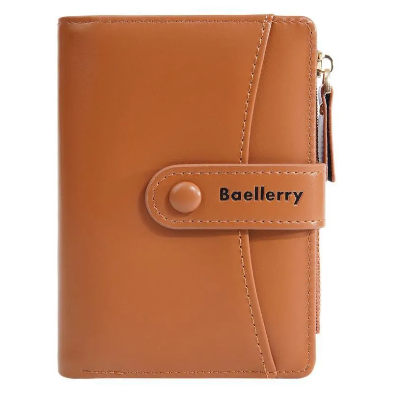 Short women's wallet in PU leather, shown in multiple colours including pink, black, yellow, blue, apricot, and brown.