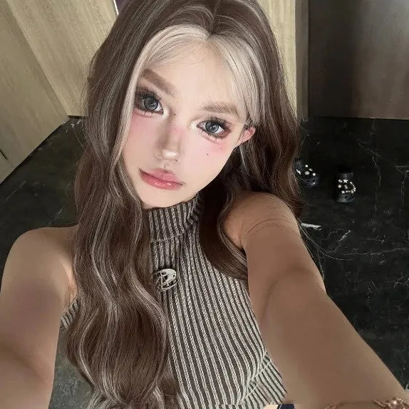Gray golden highlight long curly lace wig with hair net on display